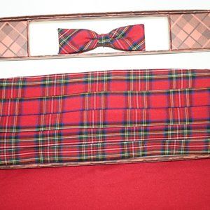 Vintage Christmas Red Plaid Pleated Cummerbund & Bow Tie Set R-989